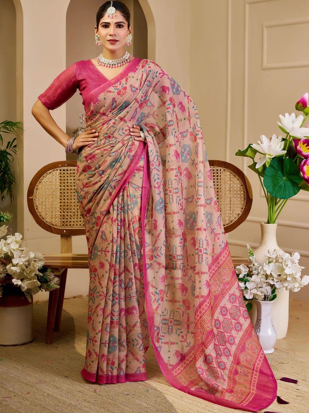 Maroosh Women Floral Printed Silk Cotton Handloom Saree - view 1