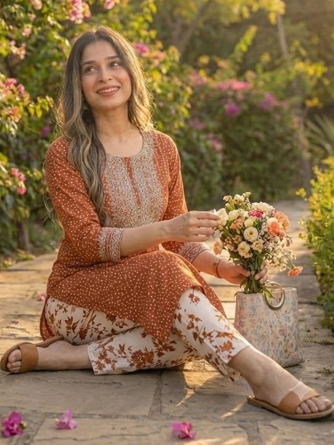KALINI Women Ethnic Motifs Printed Regular Mirror Work Pure Cotton Kurta with Trousers - view 1