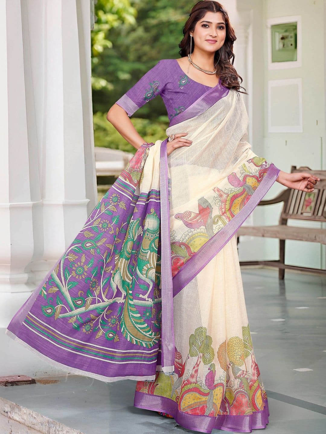 HERE&NOW Women Cotton Linen Digital Print Saree thumbnail 3