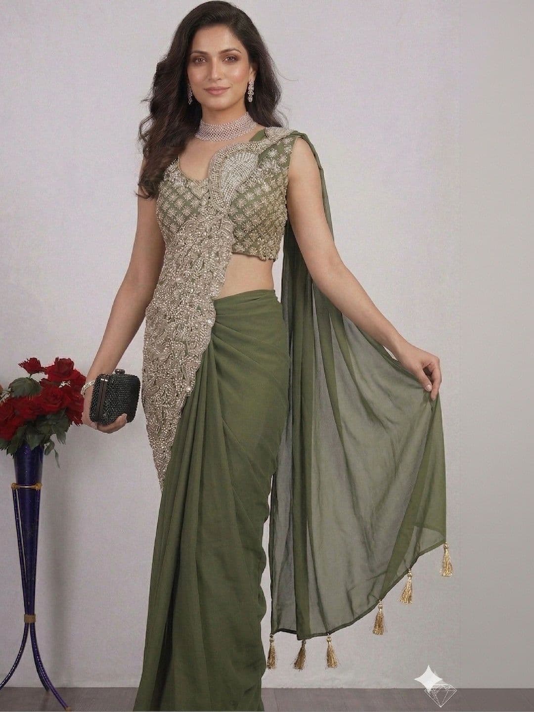 SmileyFashion Embellished Sequinned Pure Georgette Designer Saree thumbnail 4