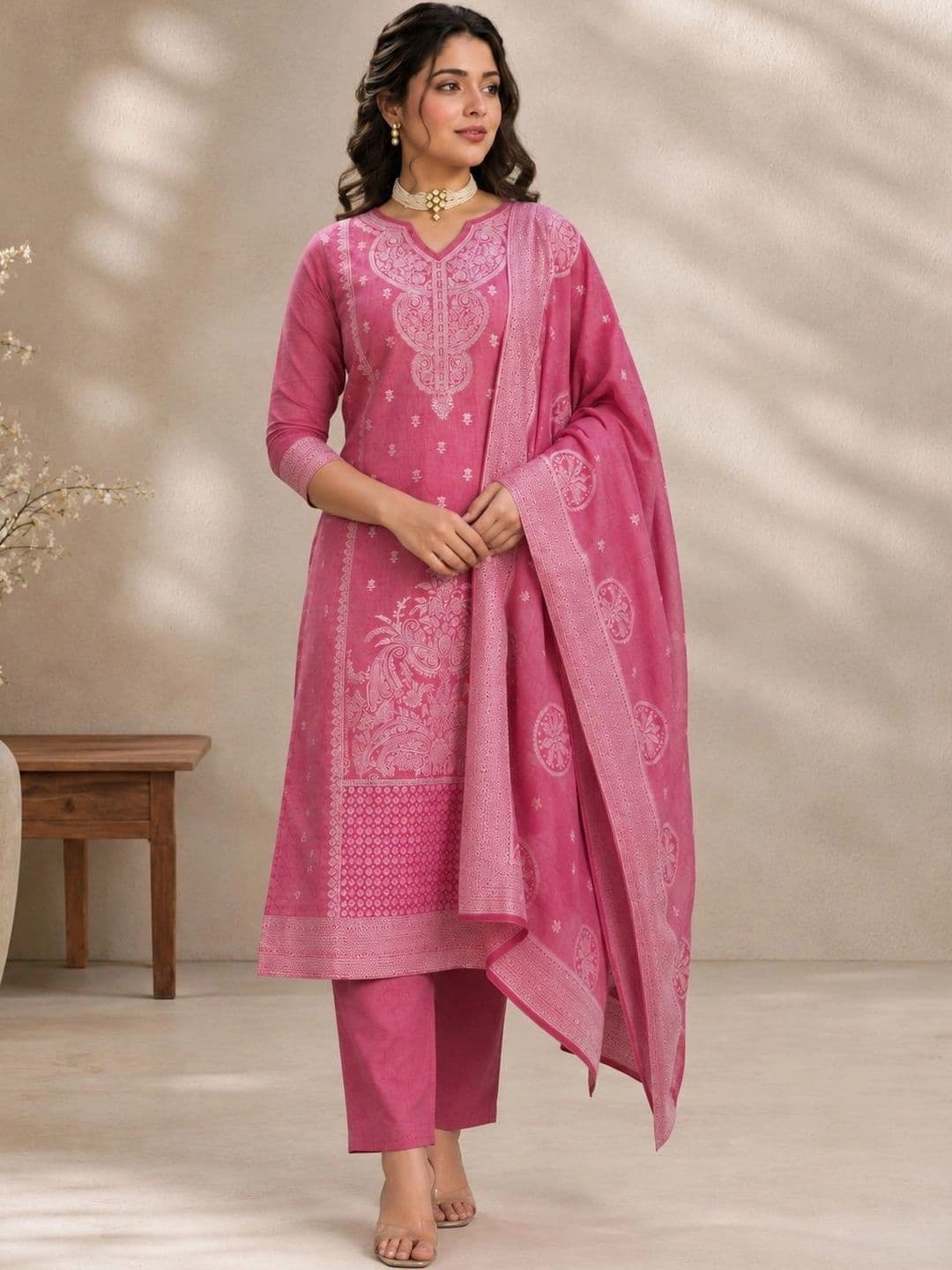 SAIYAMORI Women Ethnic Motifs Regular Pure Cotton Kurta with Trousers & With Dupatta thumbnail 3