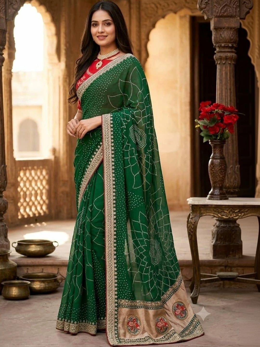 SmileyFashion Bandhani Embroidered Art Silk Designer Saree thumbnail 4