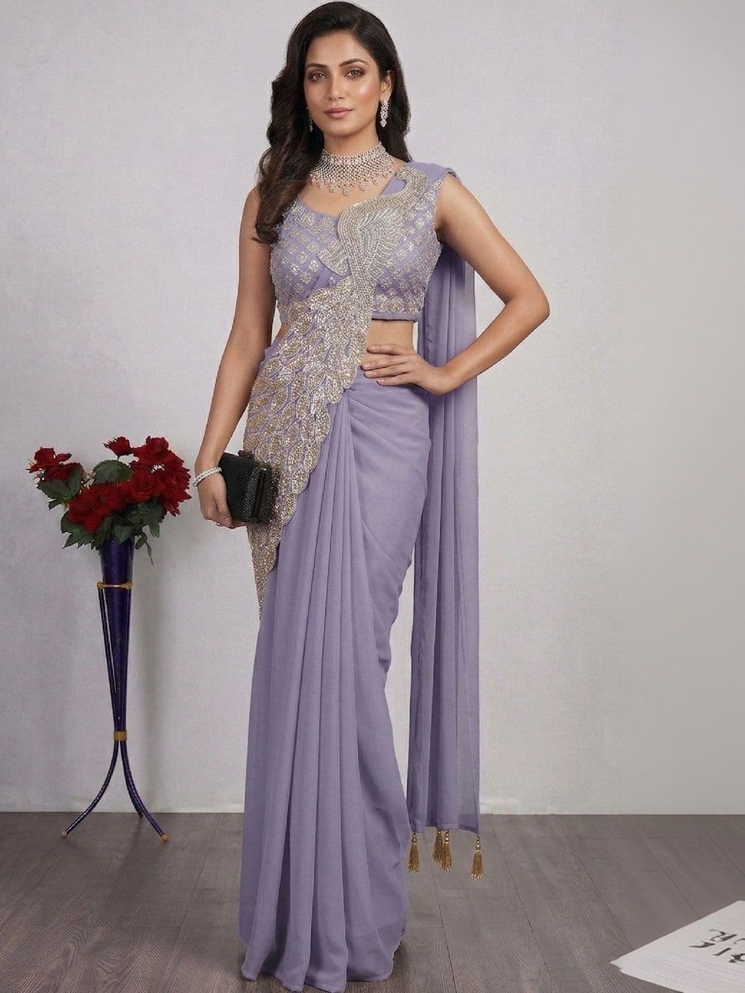 SmileyFashion Embellished Sequinned Pure Georgette Designer Saree - view 1