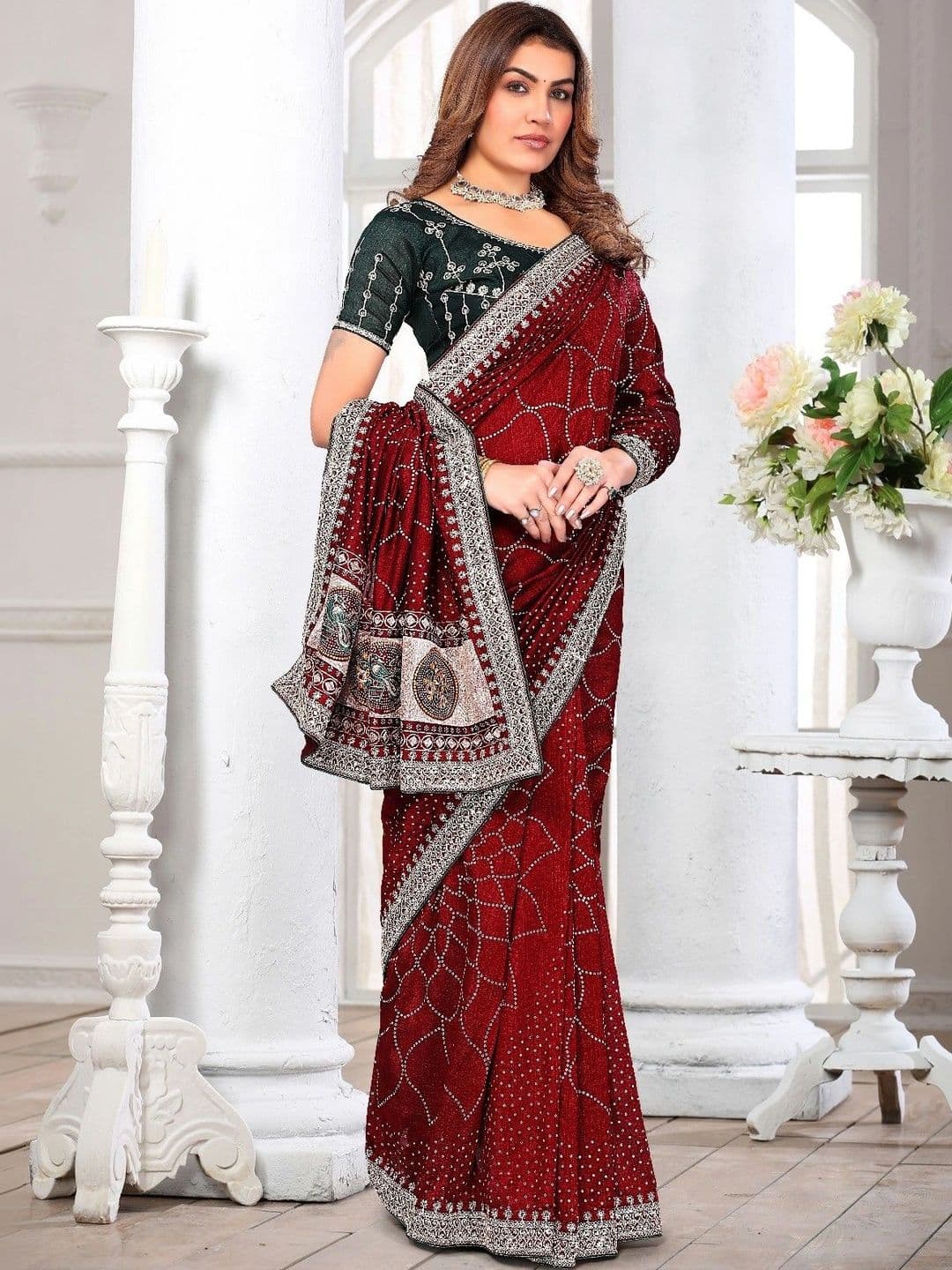 SmileyFashion Embellished Embroidered Art Silk Designer Saree thumbnail 4