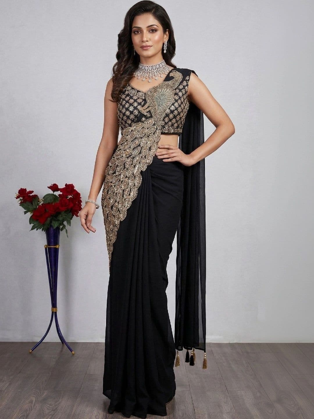 SmileyFashion Embellished Embroidered Pure Georgette Designer Saree - view 1