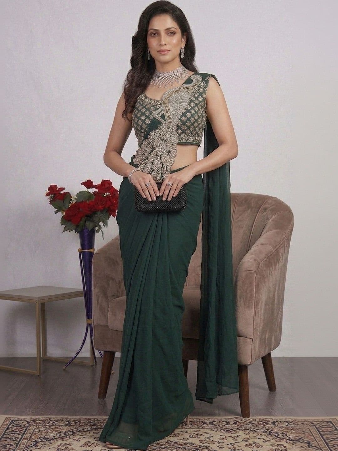 SmileyFashion Embellished Sequinned Pure Georgette Designer Saree - view 1