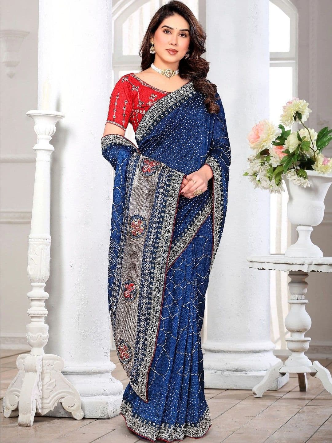 SmileyFashion Bandhani Embroidered Art Silk Designer Saree thumbnail 2