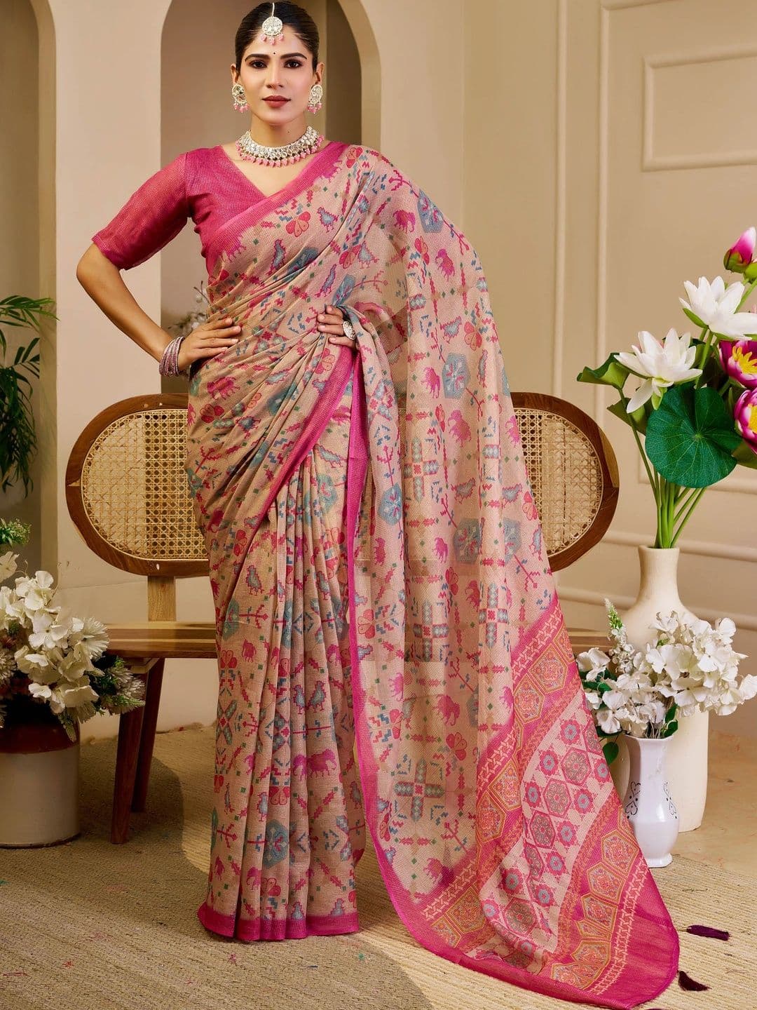 MANVAA Floral Silk Cotton Handloom Saree - view 1