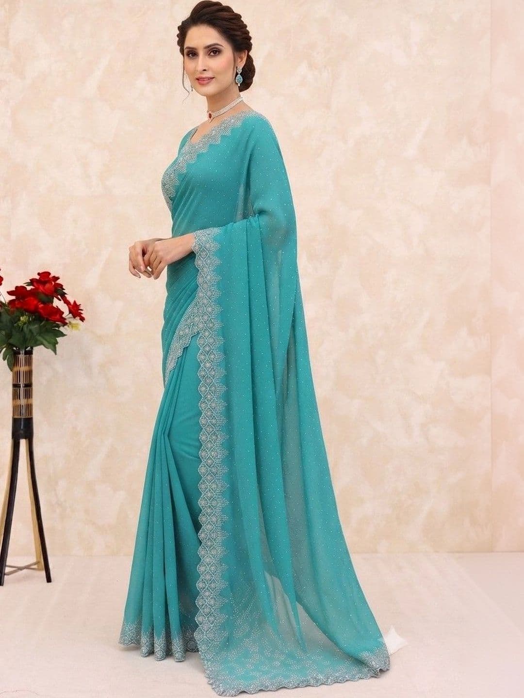 SmileyFashion Embellished Pure Georgette Saree thumbnail 2