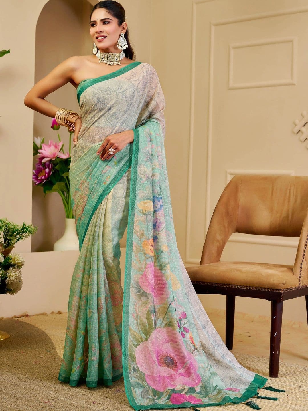 MANVAA Women Floral Silk Cotton Handloom Saree - view 1