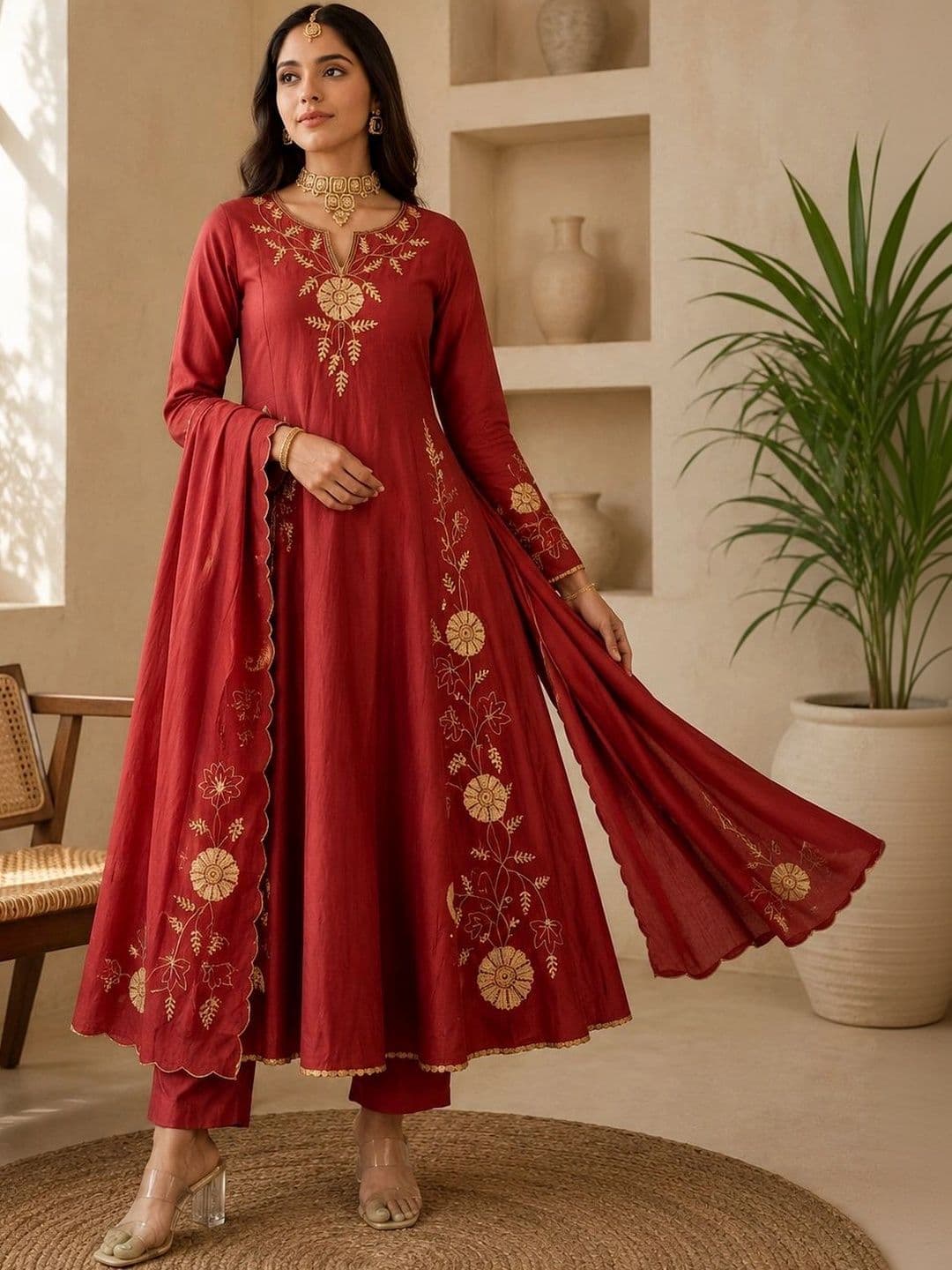 Tankori Women Ethnic Motifs Embroidered Regular Thread Work Chanderi Silk Kurta with Trousers & With Dupatta thumbnail 5