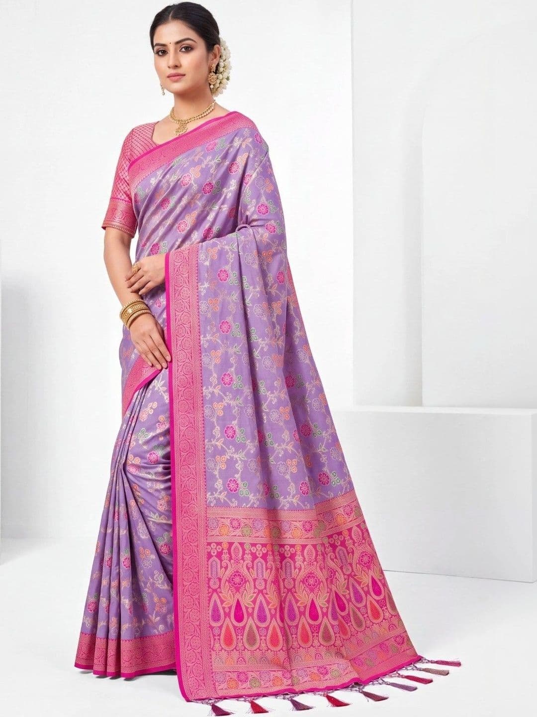 KALINI Floral Zari Art Silk Fusion Banarasi Saree thumbnail 2
