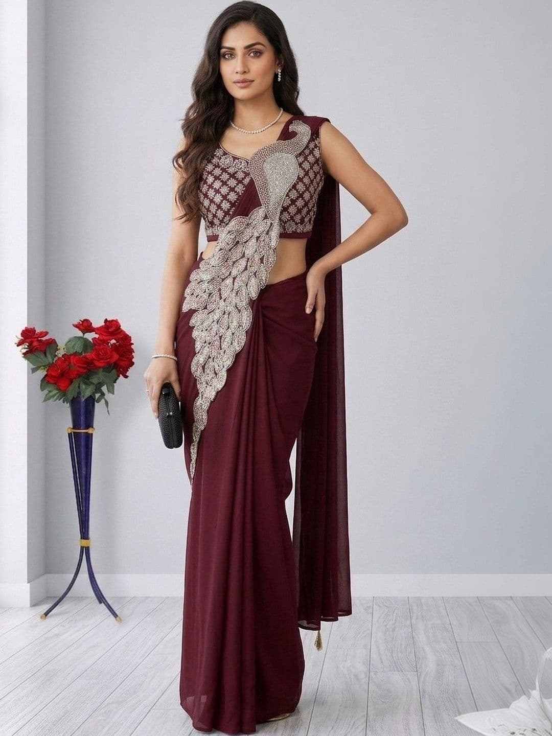 SmileyFashion Embellished Embroidered Pure Georgette Designer Saree thumbnail 5