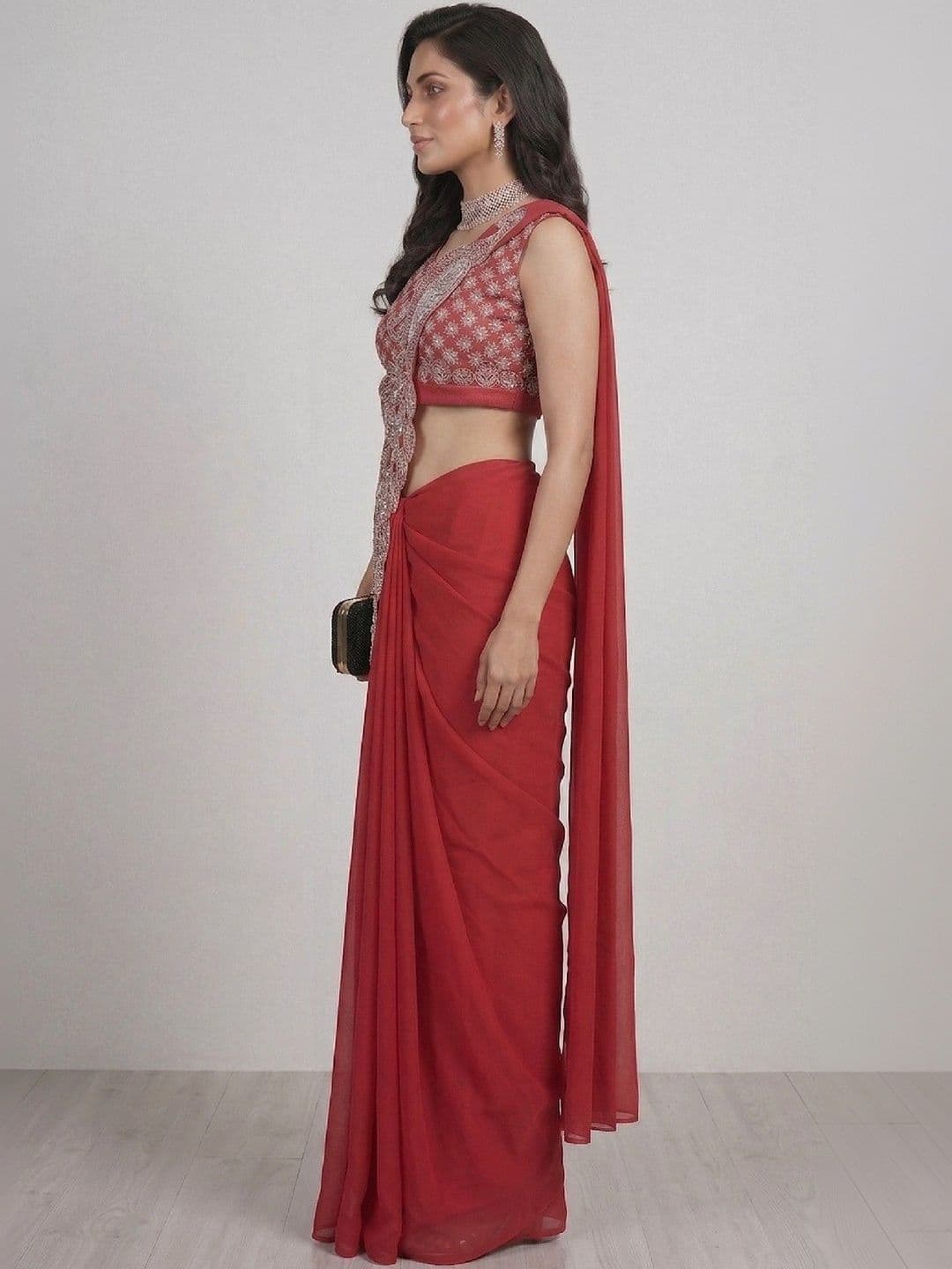 SmileyFashion Embellished Embroidered Pure Georgette Designer Saree thumbnail 4