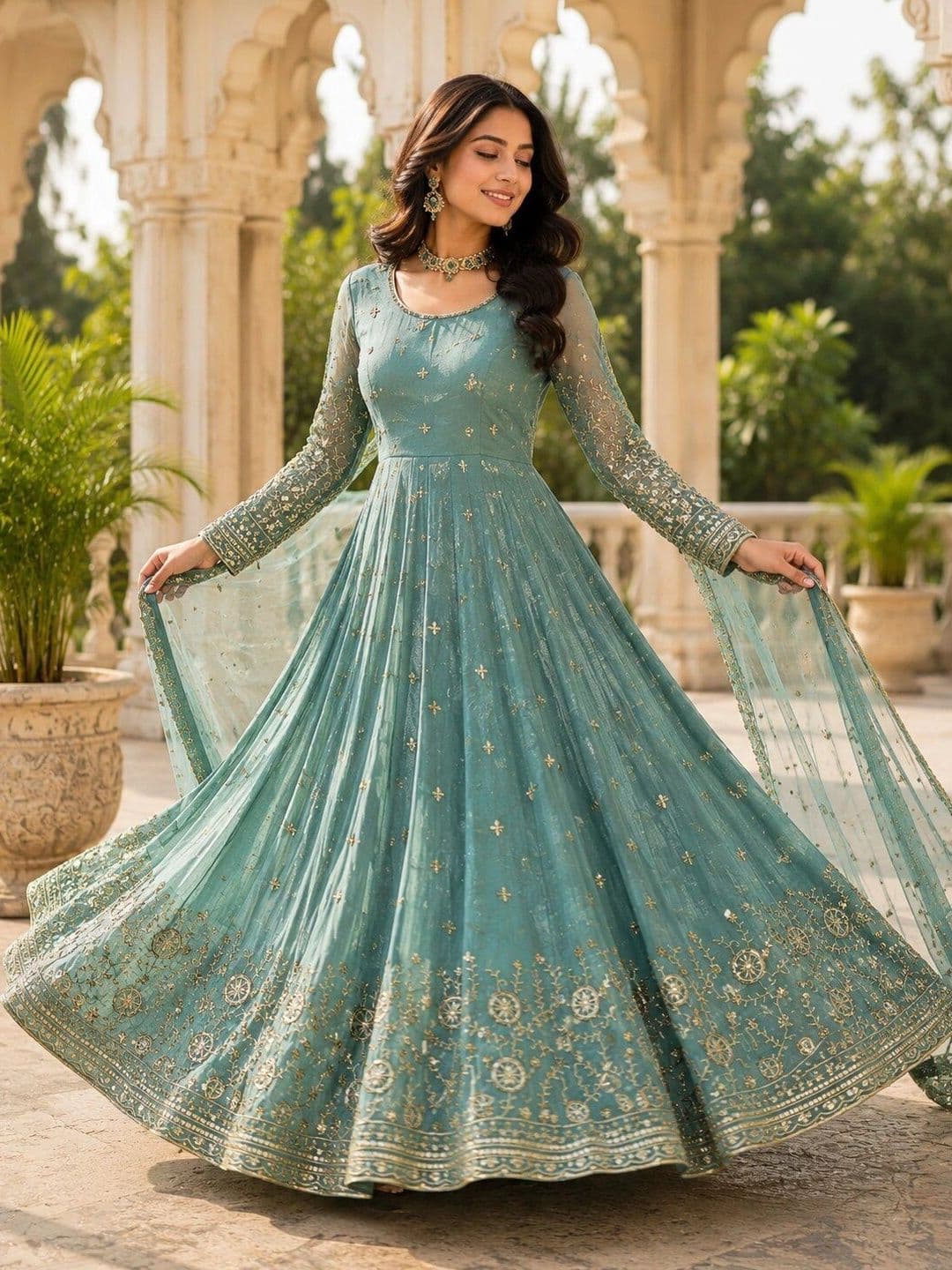 KALINI Women Ethnic Motifs Embroidered Tiered Kurta with Pyjamas & With Dupatta thumbnail 4