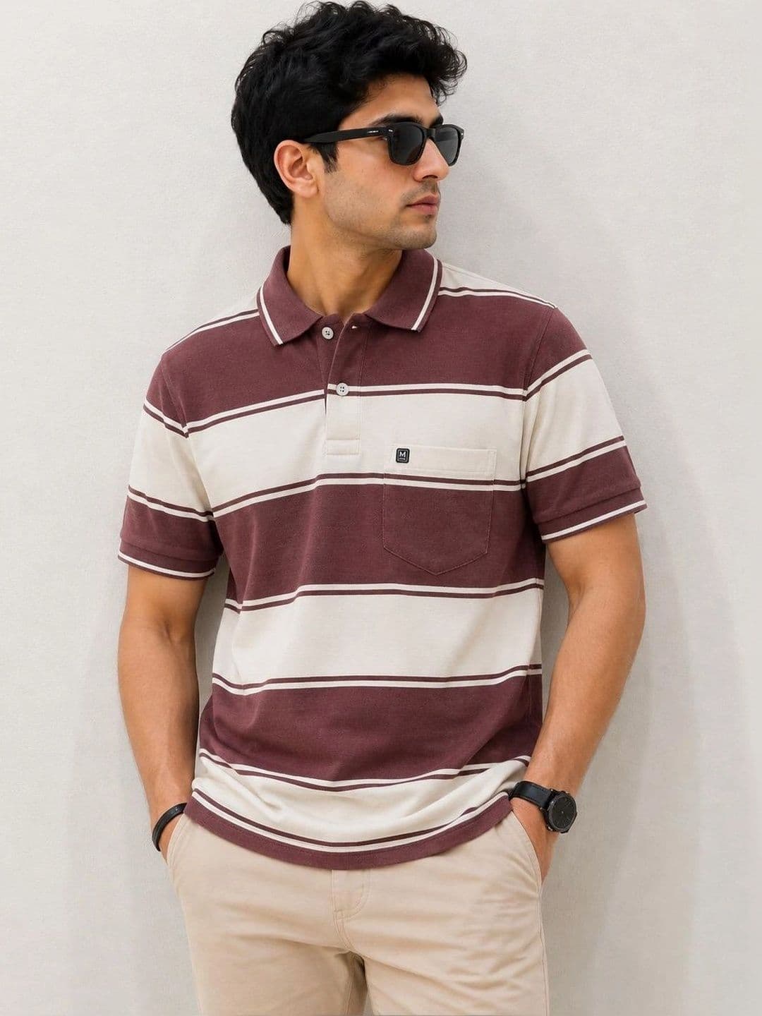 MNO Men Striped Polo Collar Pockets T-shirt - view 1