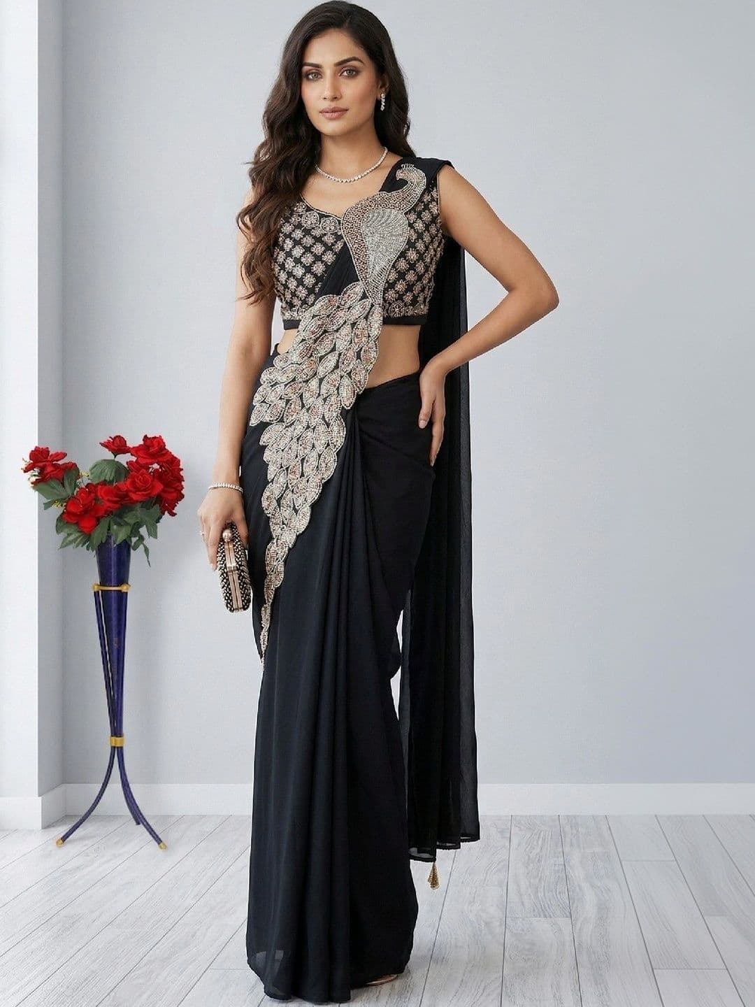 SmileyFashion Embellished Embroidered Pure Georgette Designer Saree thumbnail 4