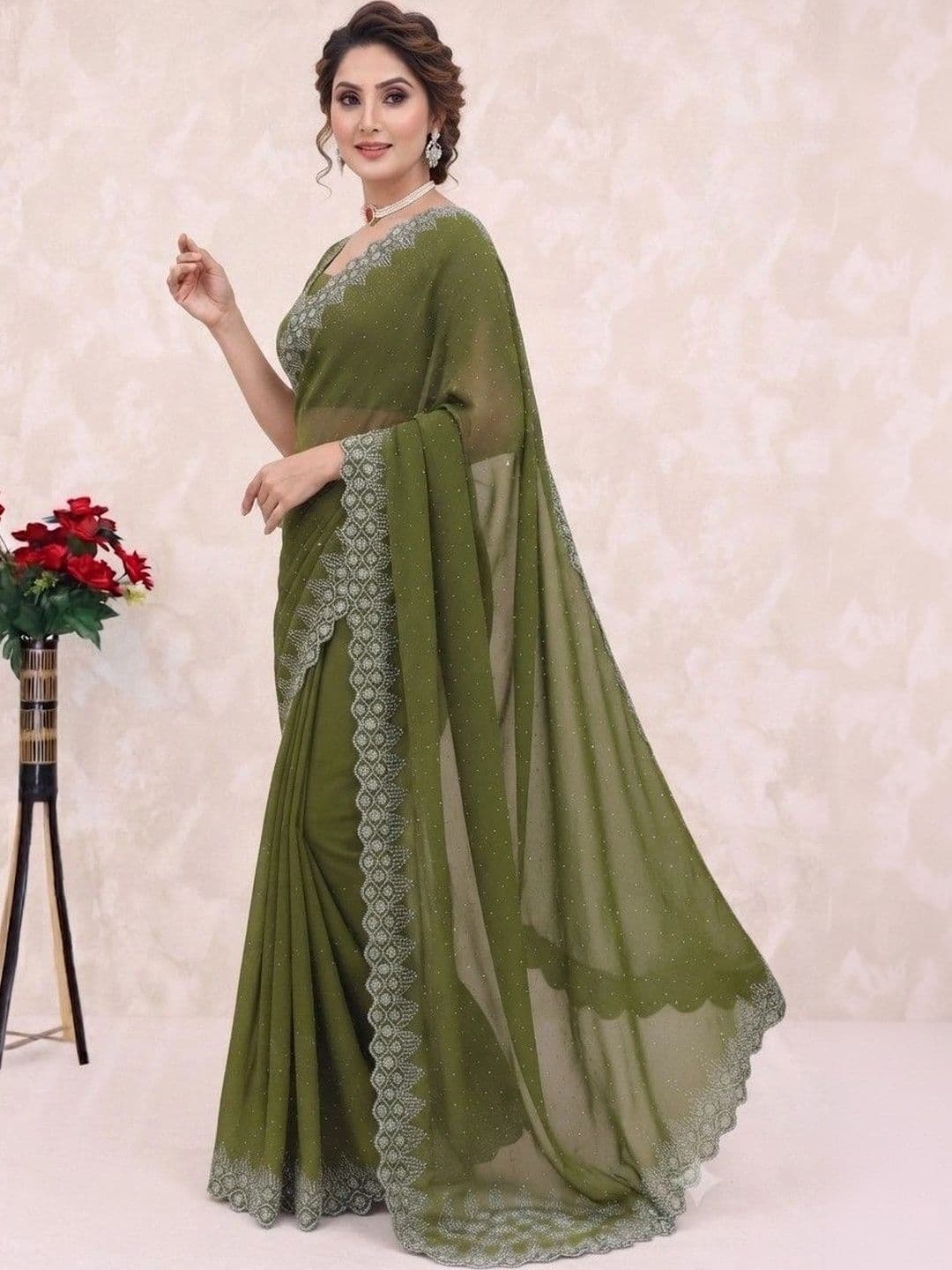 SmileyFashion Embellished Pure Georgette Saree thumbnail 3