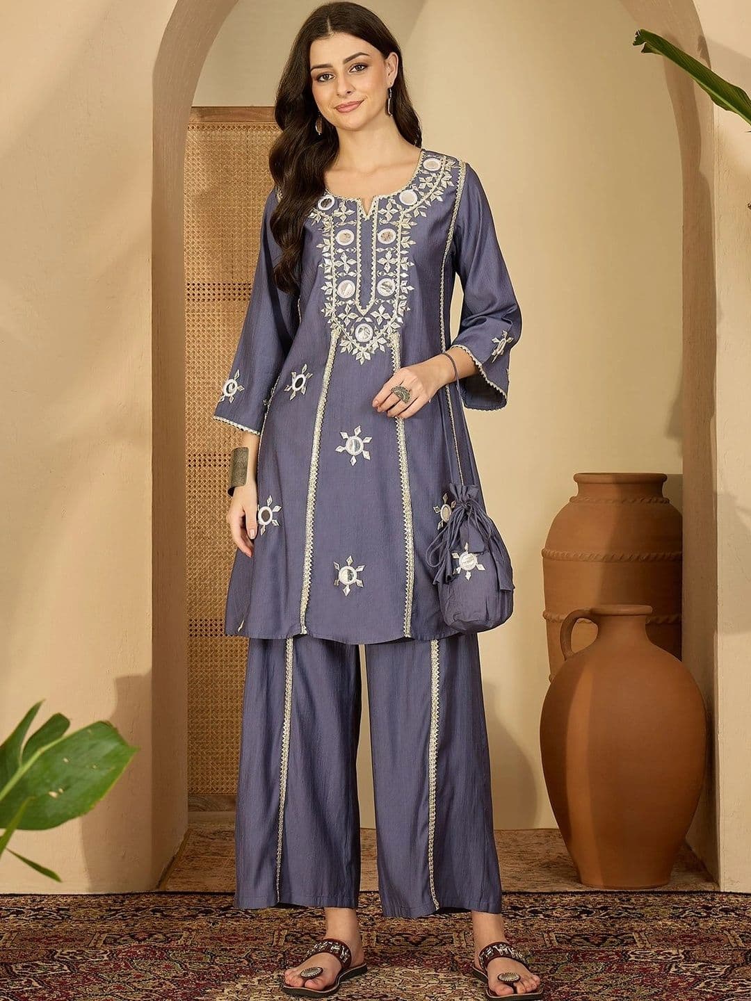 Sangria Women Ethnic Motifs Embroidered Regular Mirror Work Kurta with Palazzos - view 1