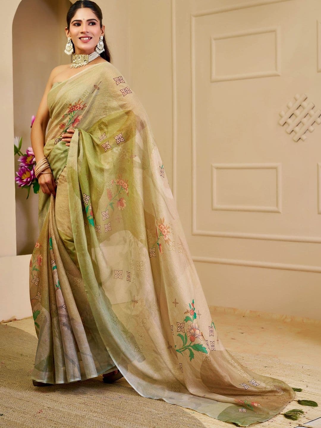 HERE&NOW Women Floral Silk Cotton Handloom Saree thumbnail 4