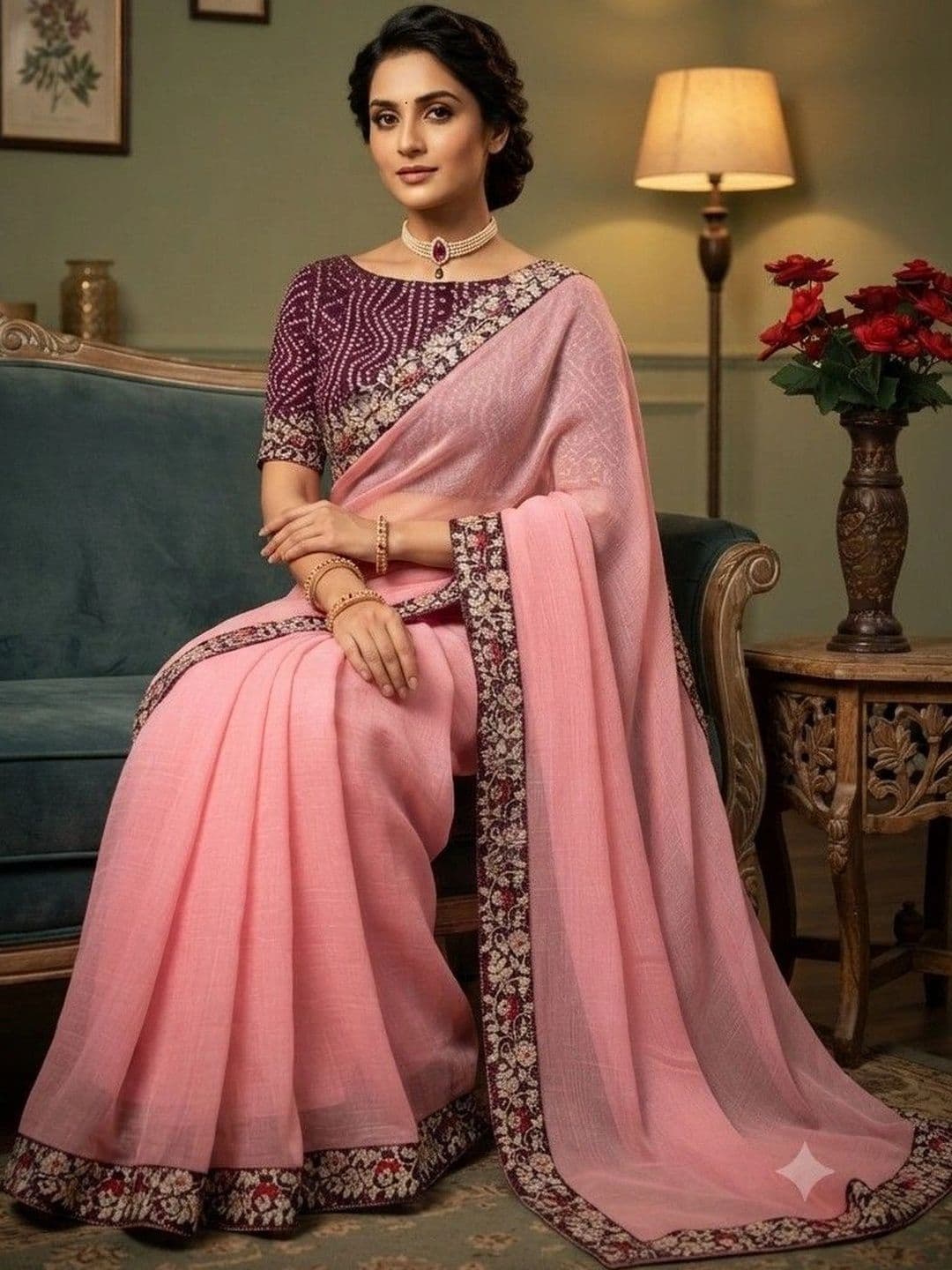 SmileyFashion Floral Embroidered Poly Chiffon Designer Saree thumbnail 5