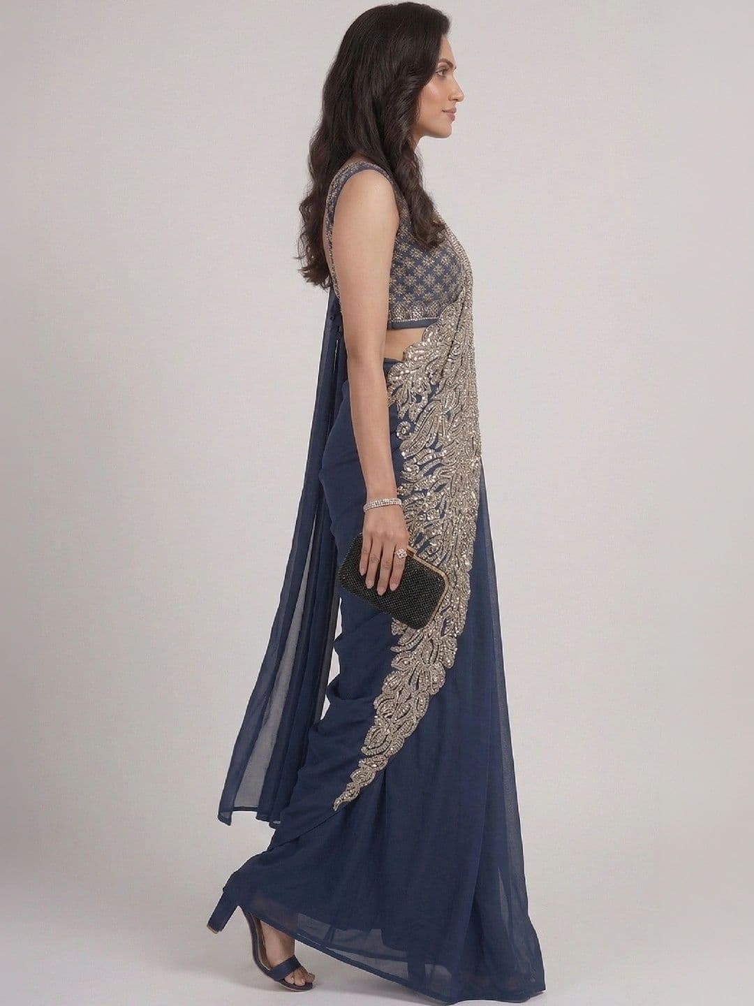 SmileyFashion Embellished Embroidered Pure Georgette Designer Saree thumbnail 2