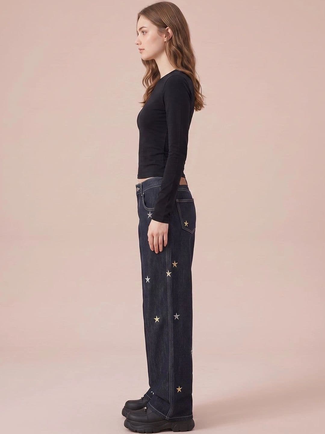 ATELIER REBEL Women Wide Leg Mid-Rise Heavy Fade Embroidered Jeans thumbnail 5