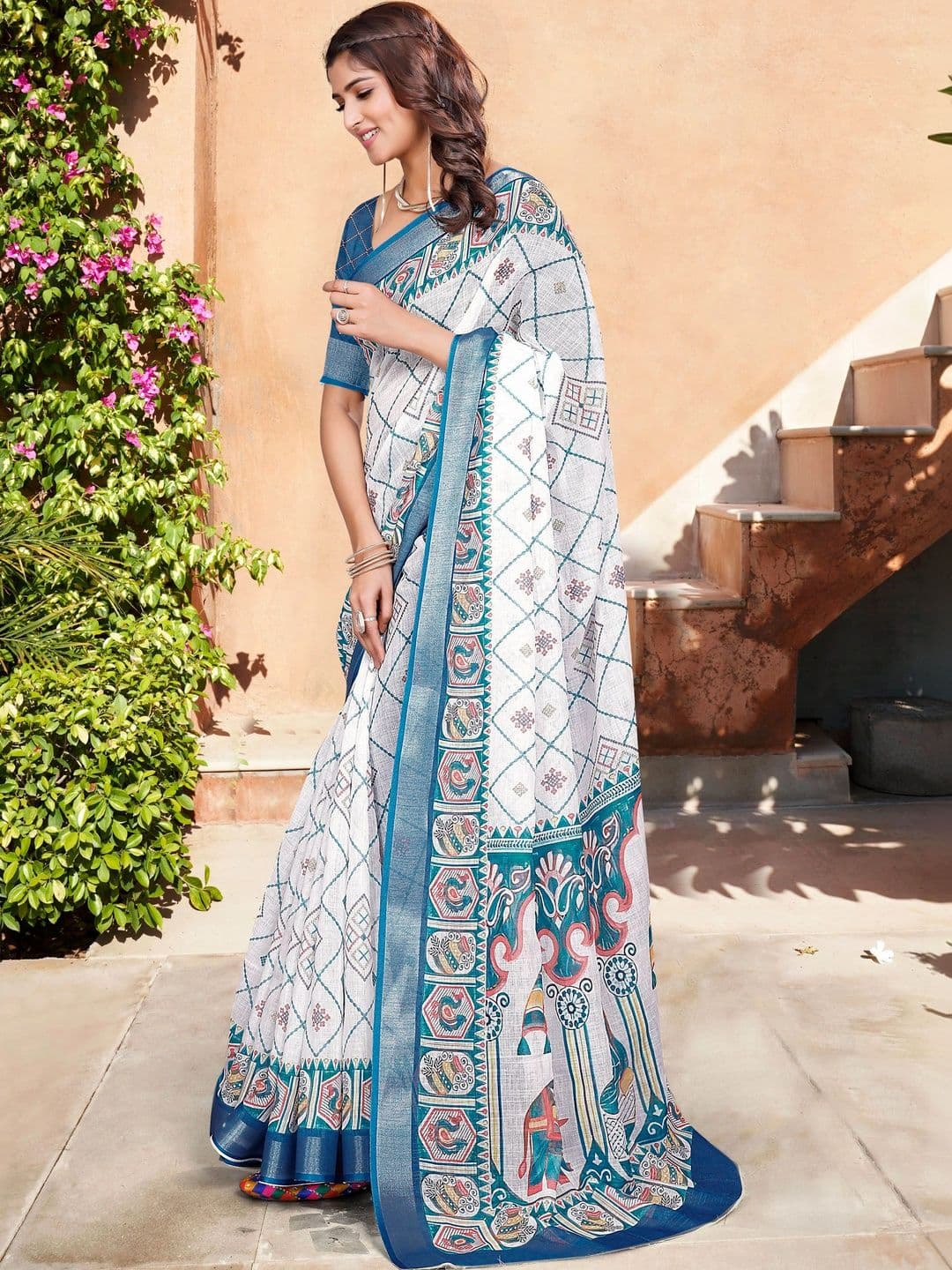 HERE&NOW Women Kalamkari Cotton Blend Saree thumbnail 4