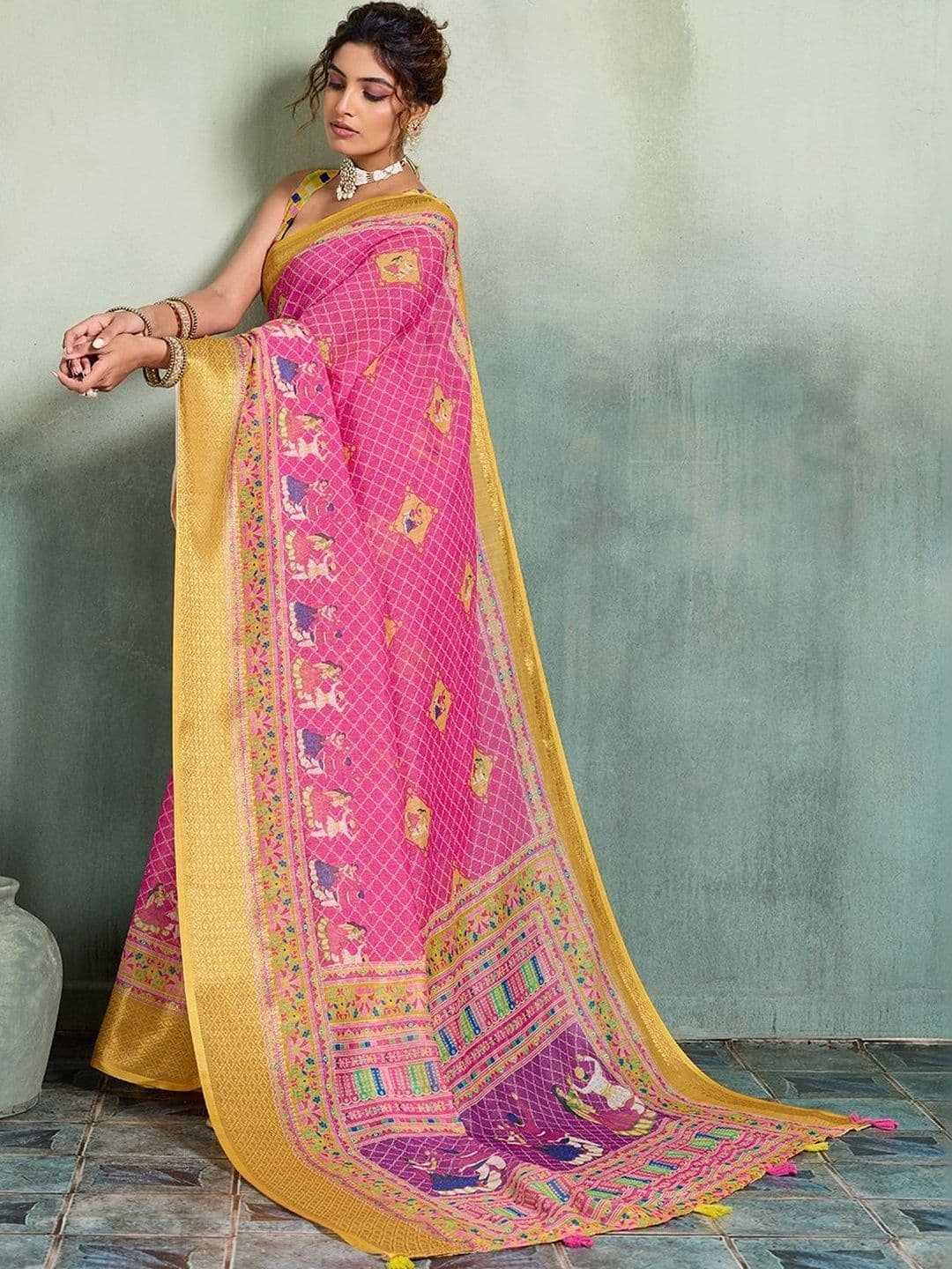 DWIJA FASHION Kalamkari Zari Linen Blend Saree thumbnail 4