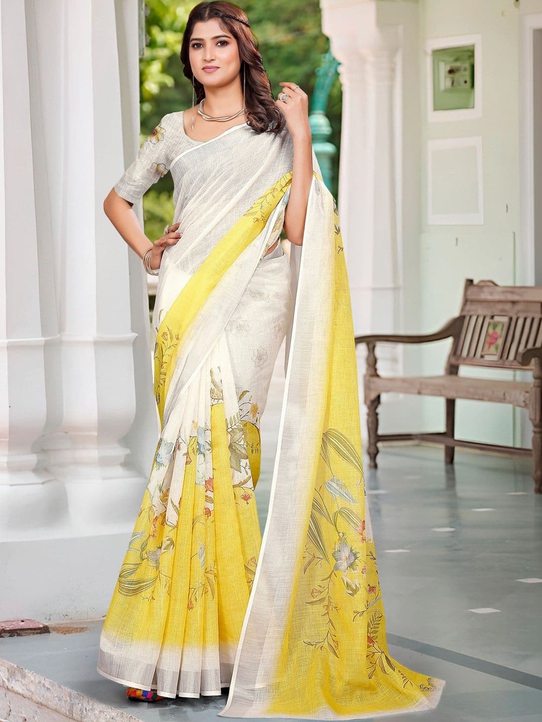 MANVAA Women Cotton Linen Saree with Floral Print Saree - view 1