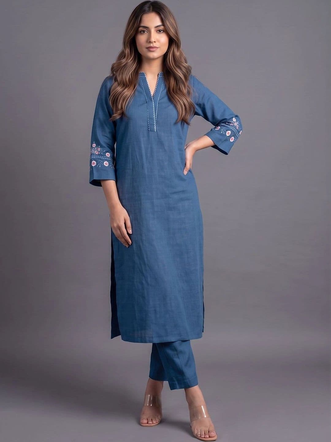 Navibhu Women Ethnic Motifs Embroidered Regular Thread Work Kurta with Trousers thumbnail 3
