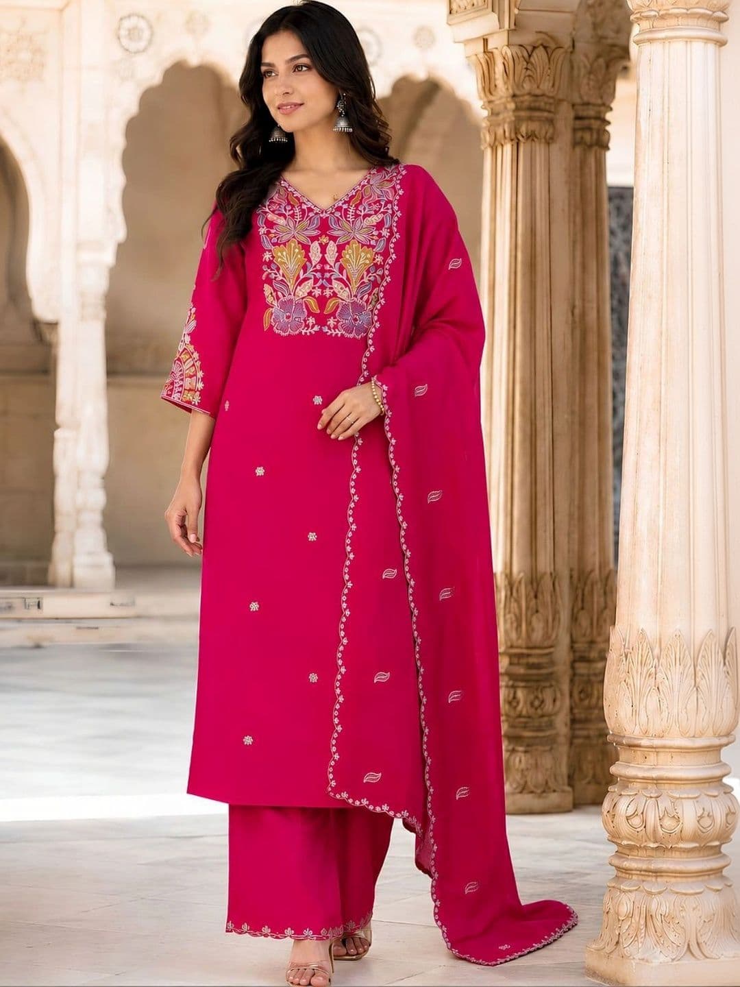 HERE&NOW X fwd Women Ethnic Regular Sequinned Pure Silk Kurta with Palazzos & With Dupatta thumbnail 6