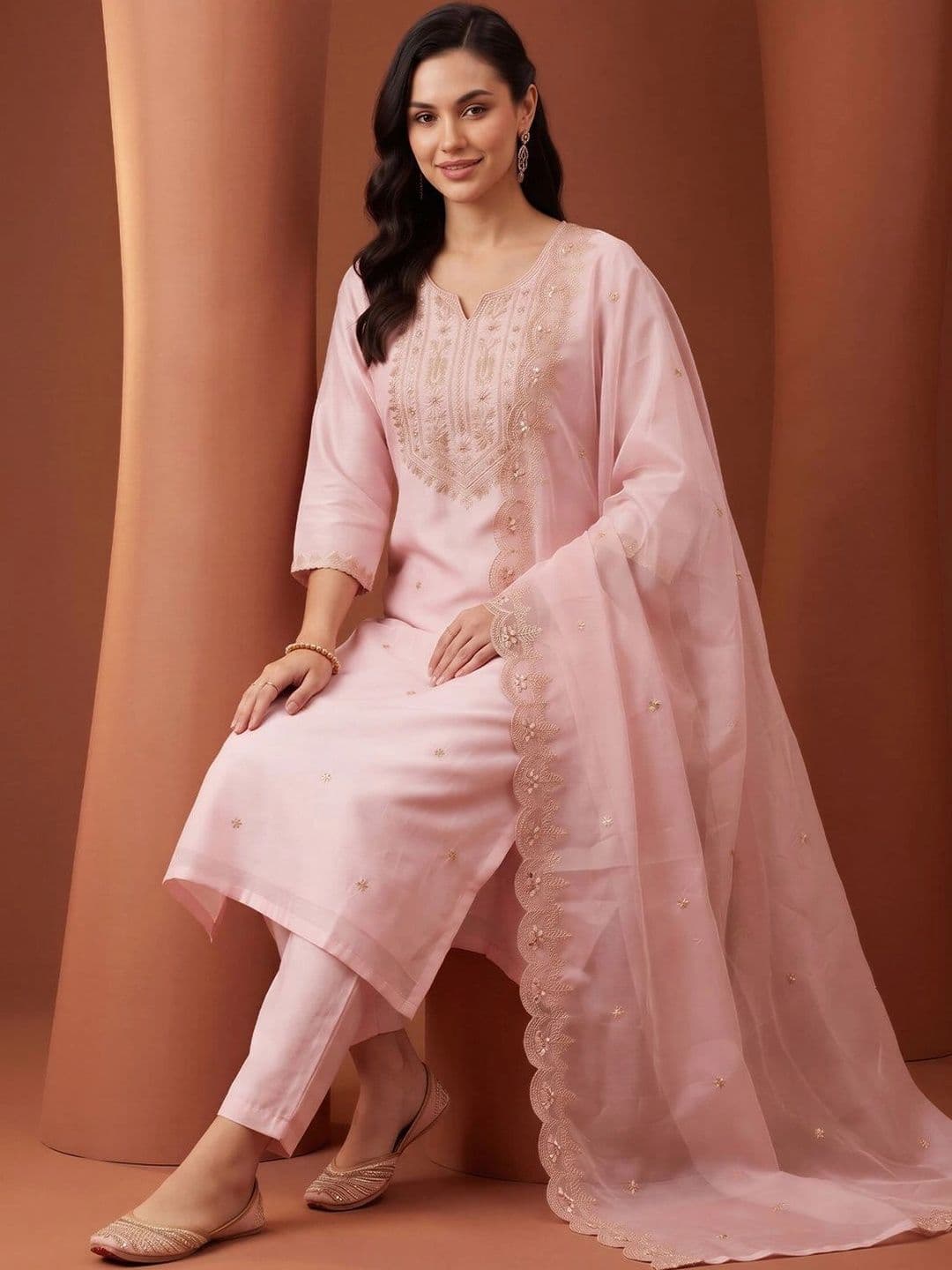 Indo Era Women Ethnic Motifs Embroidered Regular Kurta with Trousers & With Dupatta thumbnail 3