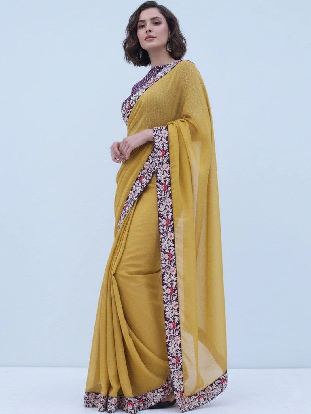 SmileyFashion Floral Embroidered Poly Chiffon Designer Saree thumbnail 5