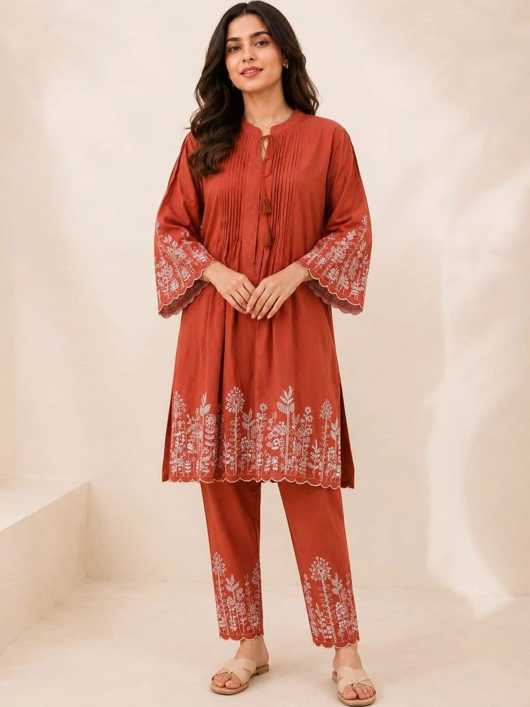 Ilaaha Women Ethnic Motifs Embroidered Regular Thread Work Pure Cotton Kurta with Trousers - view 1