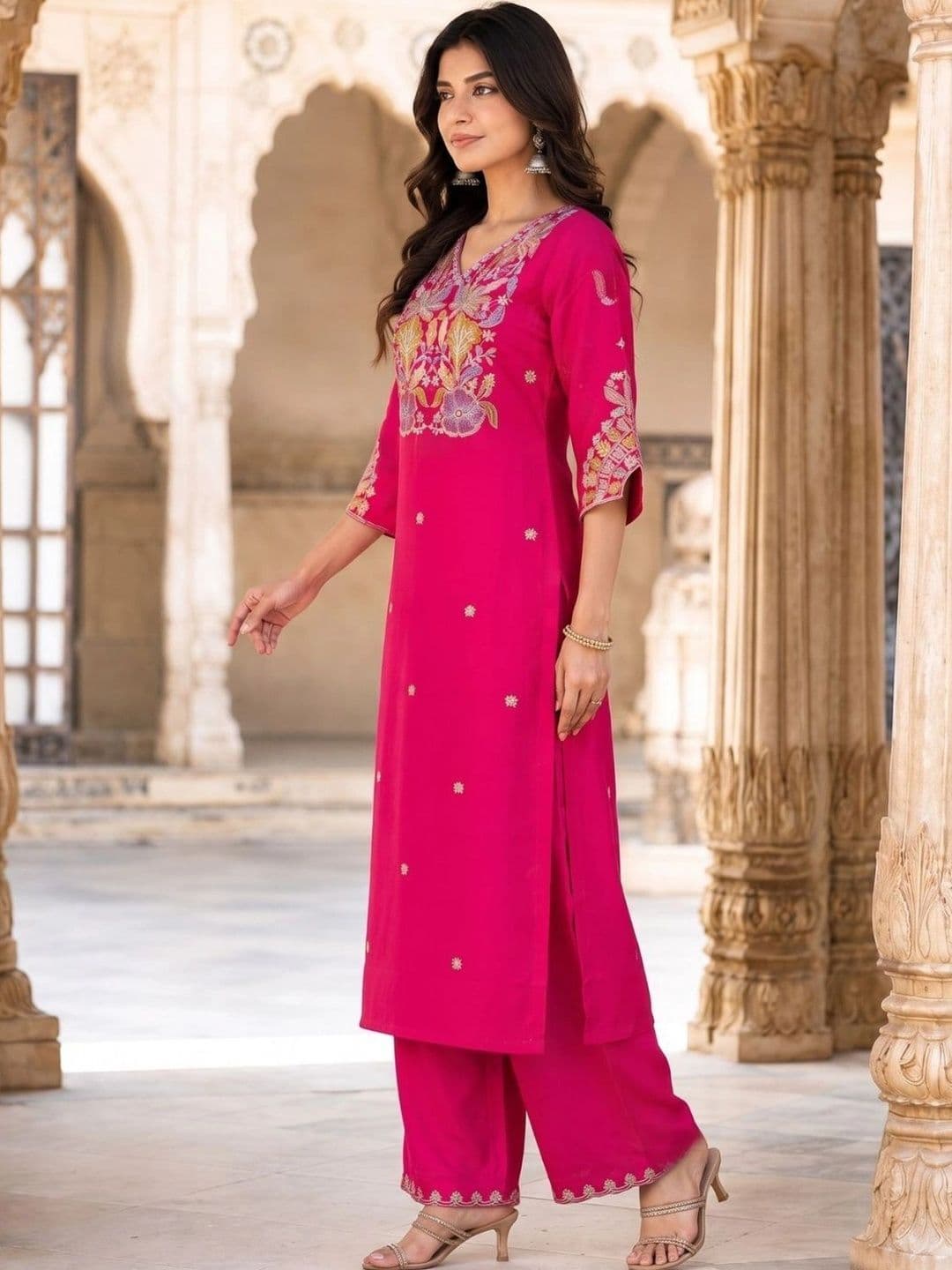 HERE&NOW X fwd Women Ethnic Regular Sequinned Pure Silk Kurta with Palazzos & With Dupatta thumbnail 7
