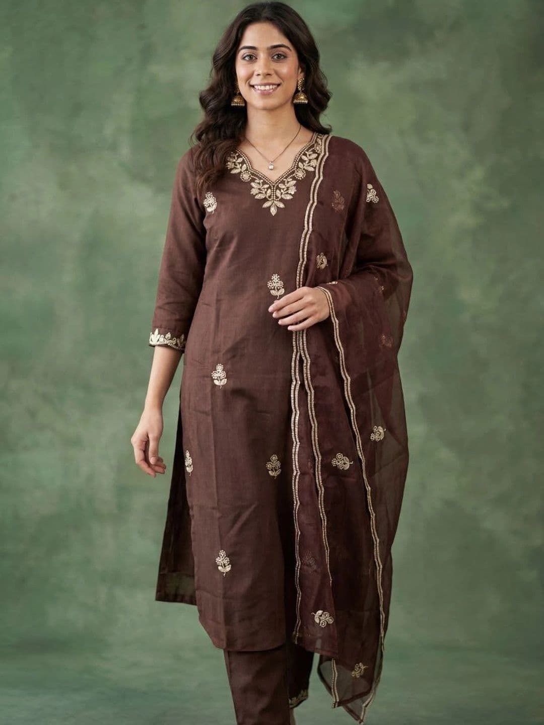 all about you Women Ethnic Motifs Embroidered Regular Thread Work Kurta with Trousers & With Dupatta - view 1