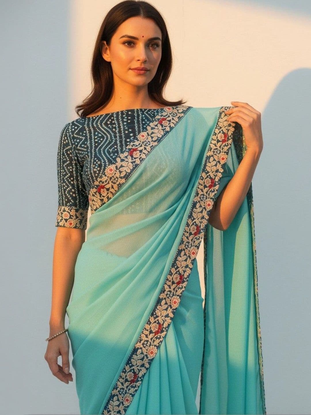 SmileyFashion Floral Poly Chiffon Designer Saree thumbnail 4