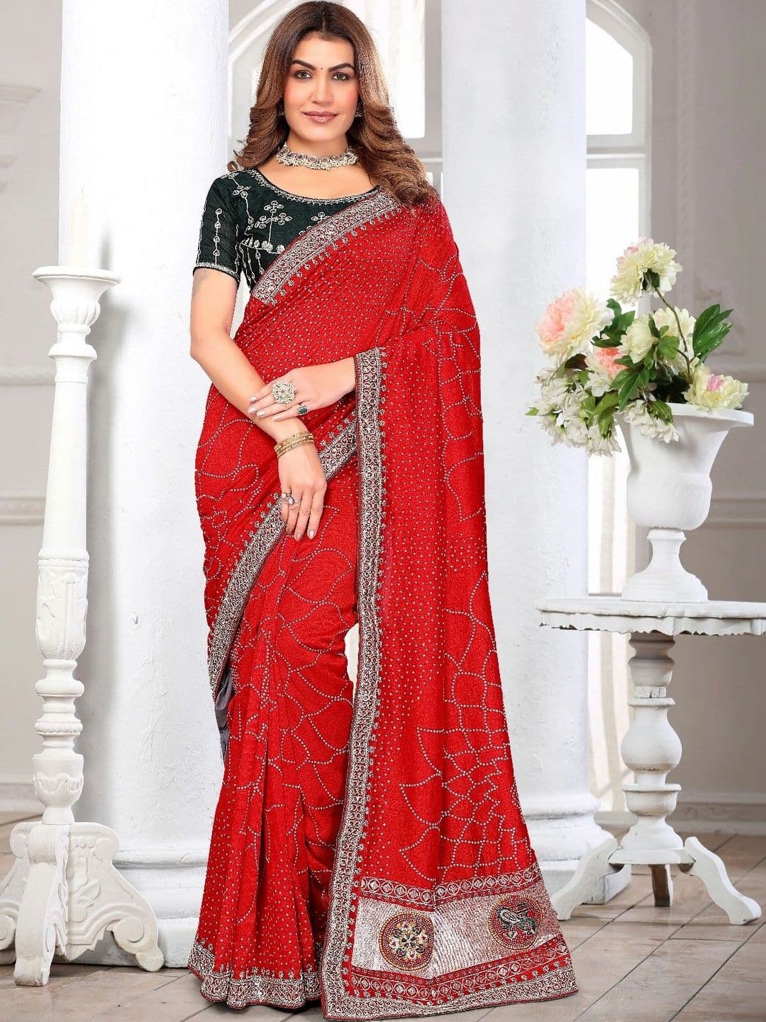 SmileyFashion Bandhani Embroidered Art Silk Designer Saree thumbnail 5