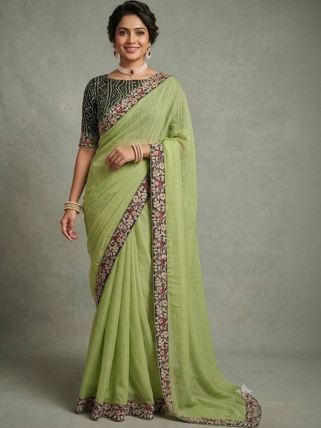 SmileyFashion Floral Embroidered Poly Chiffon Designer Saree - view 1