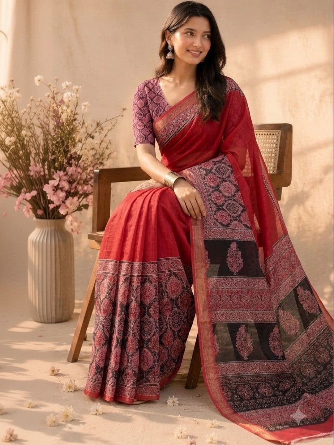 AARYAN SAREES AARYAN Women SAREES Red and black Kalamkari Saree thumbnail 2