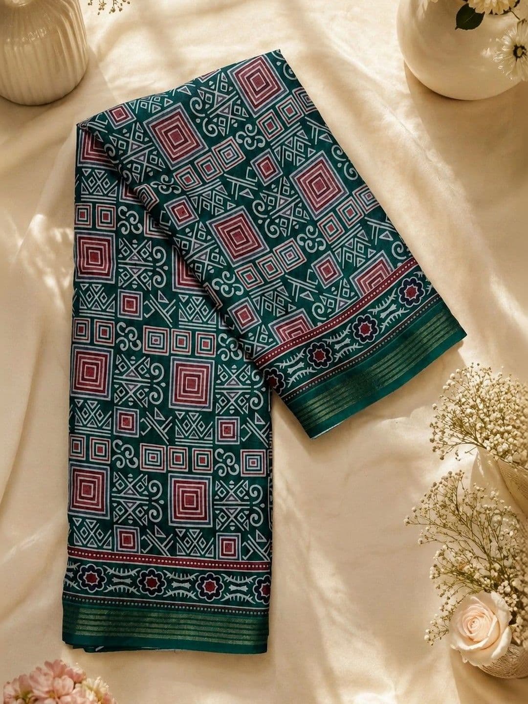 AARYAN SAREES Green Ajrakh Women Saree thumbnail 7