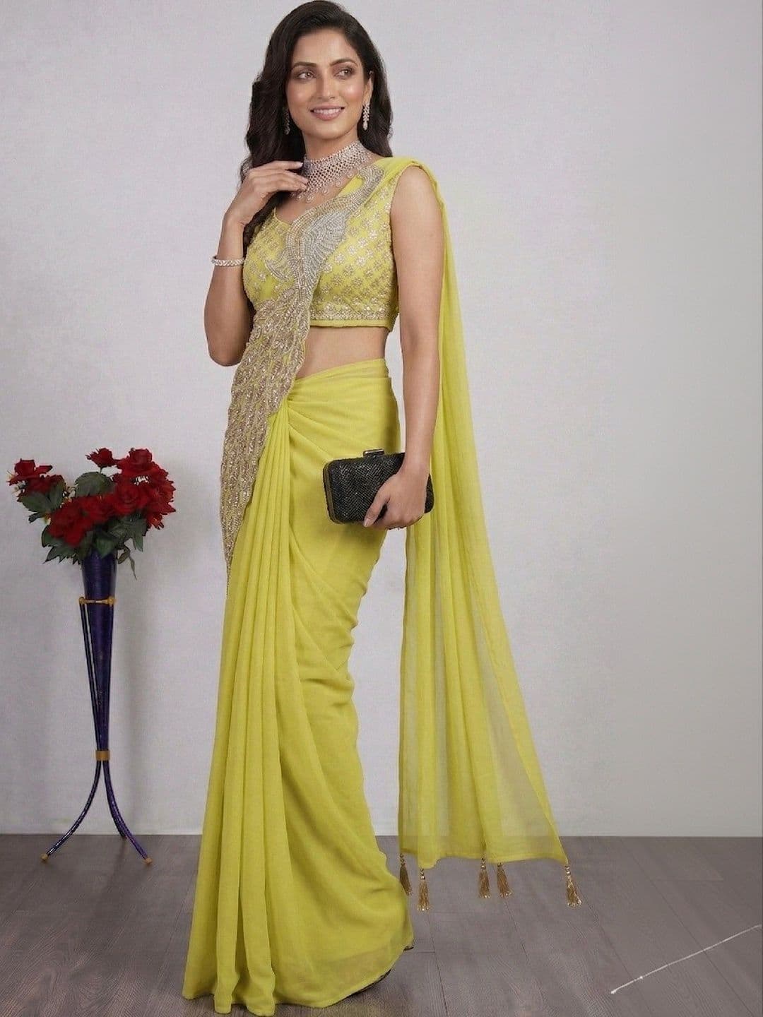 SmileyFashion Embellished Embroidered Pure Georgette Designer Saree thumbnail 4