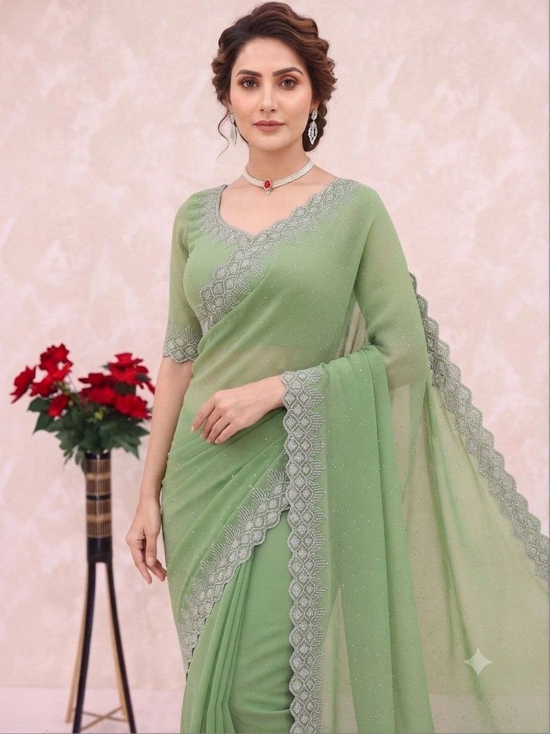 SmileyFashion Embellished Pure Georgette Saree thumbnail 2