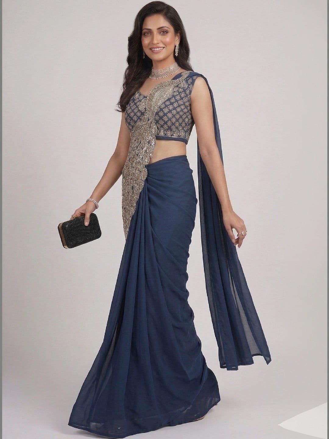 SmileyFashion Embellished Sequinned Pure Georgette Designer Saree thumbnail 3