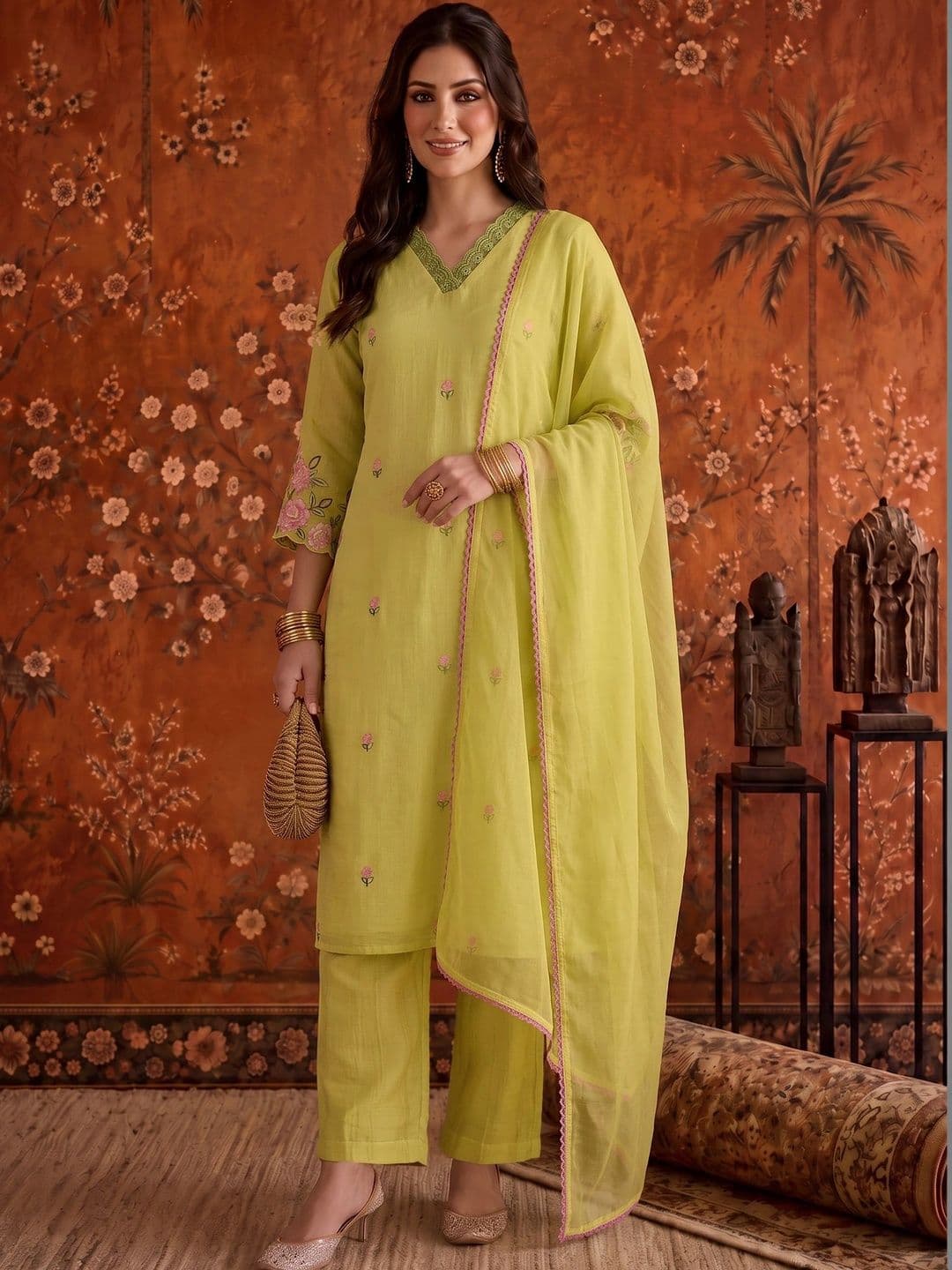 Sangria Women Embroidered Chanderi Cotton Kurta Set with Trousers & Organza Dupatta - view 1