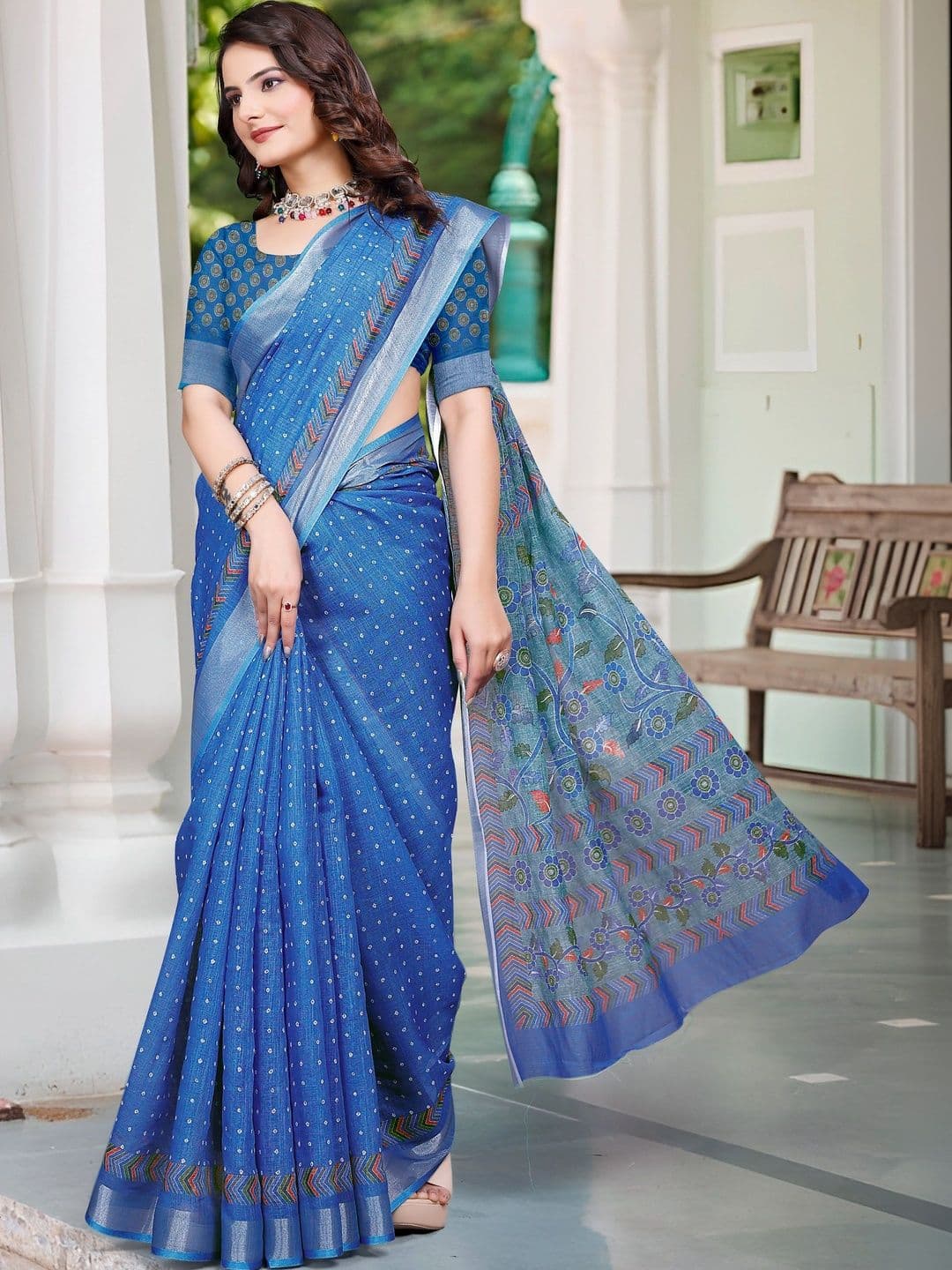 MANVAA Floral Printed Cotton Linen Saree thumbnail 2