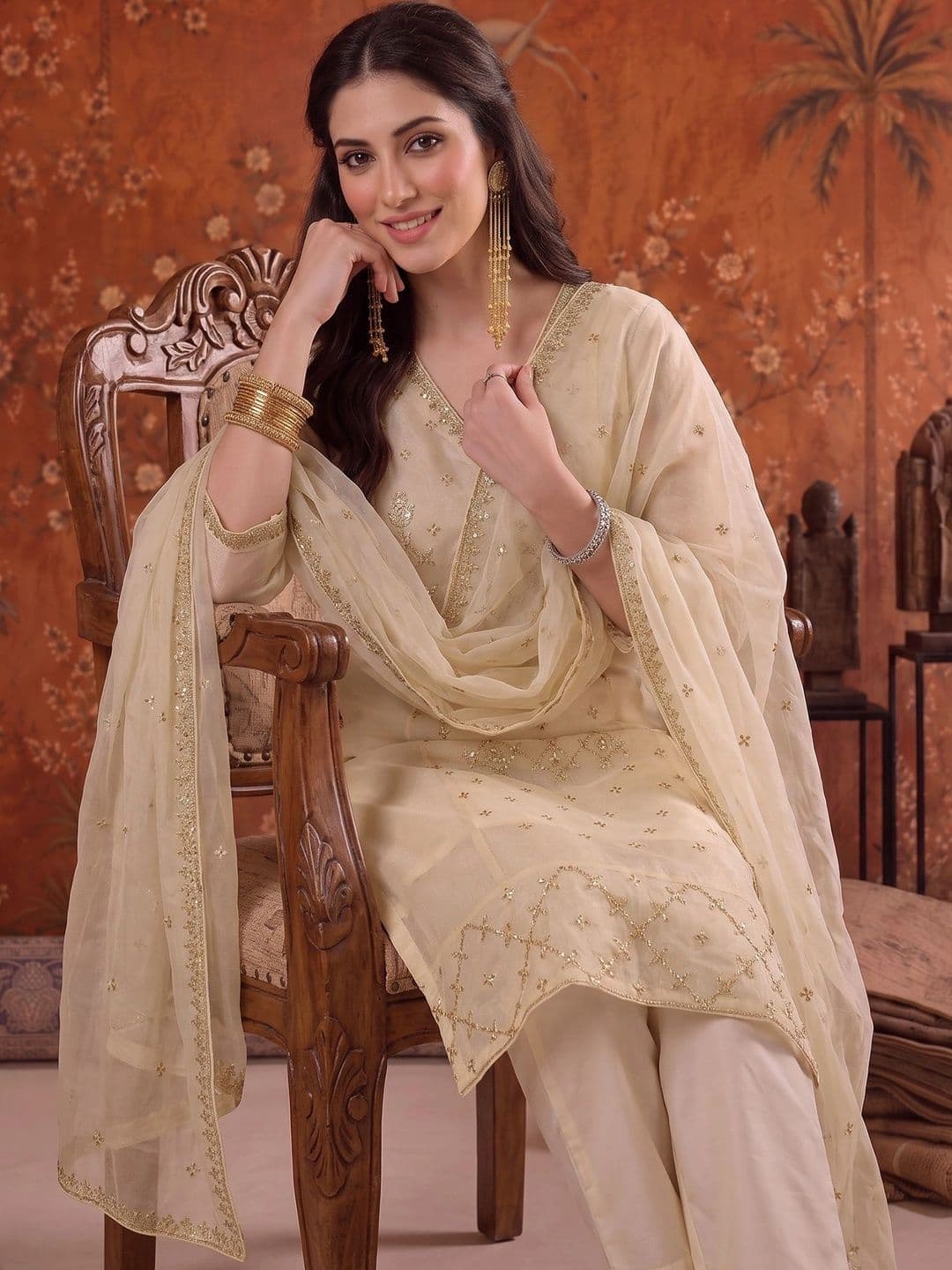 Sangria Embroidered V-Neck Kurta & Trousers With Dupatta thumbnail 3