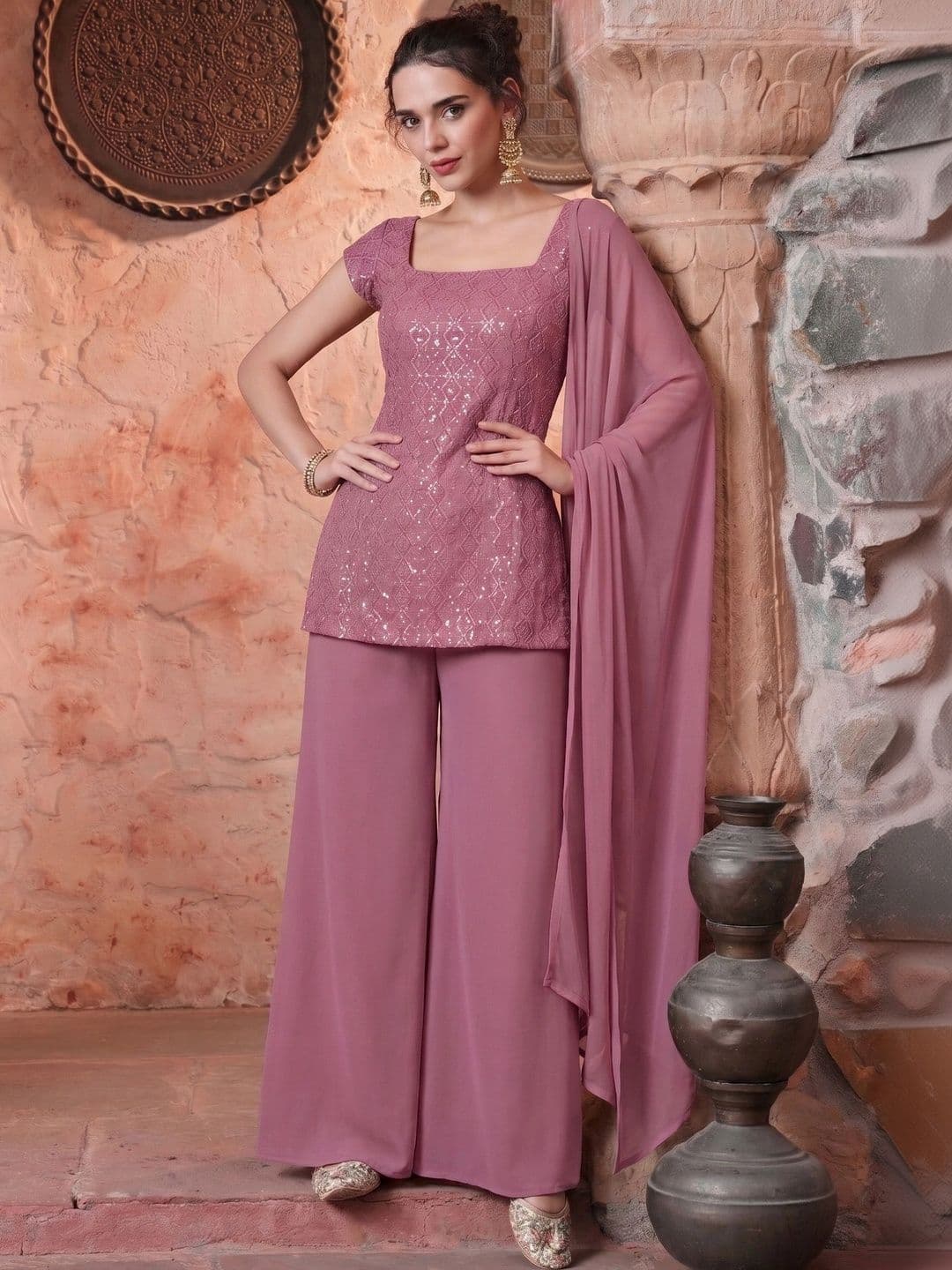 Navlik Women Embroidered Regular Sequinned Kurta with Palazzos & With Dupatta thumbnail 5