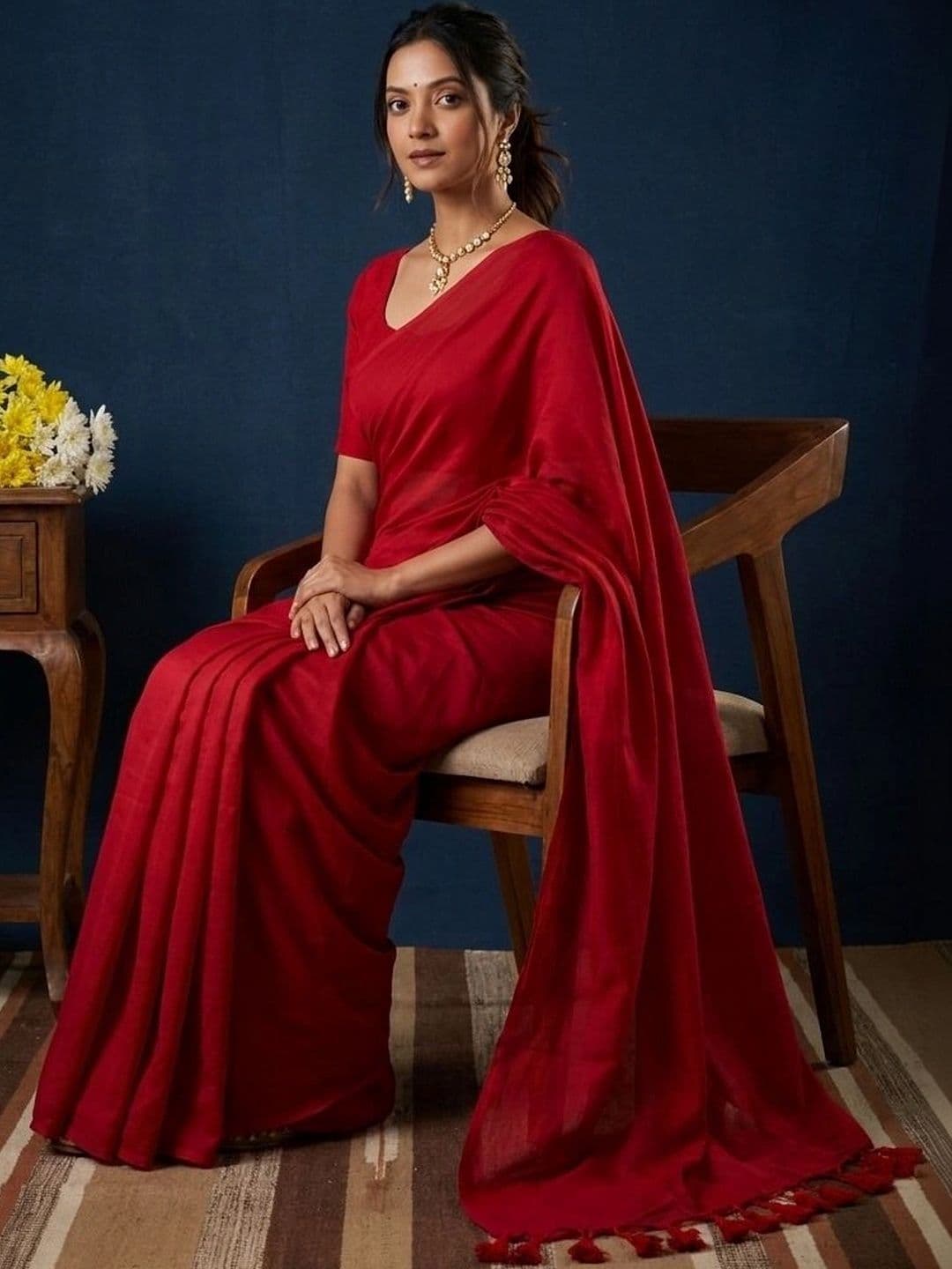 ADUKIAZ Women Pure Cotton Red Saree with Tassels thumbnail 4